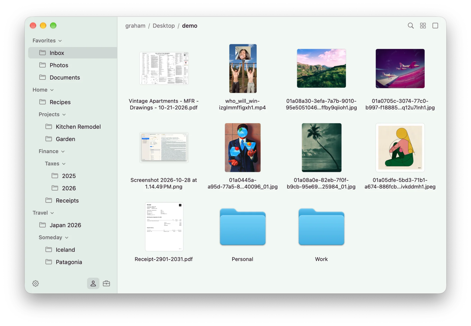 A Cubby window in the Grove theme. A sidebar of nested folder groups sits beside an icon view of photos, PDFs, and folders with Quick Look thumbnails.